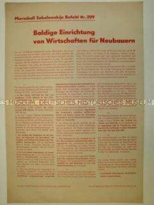 Maueranschlag mit Befehl Sokolowskijs Nr. 209 zur Einrichtung von Wirtschaften für Neubauern