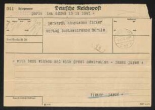 Brief von Gerhart Hauptmann an James Joyce