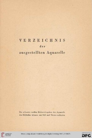 Verzeichnis der ausgestellten Aquarelle (Nr.1-47)