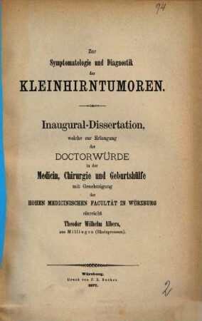 Zur Symptomatologie und Diagnostik der Kleinhirntumoren
