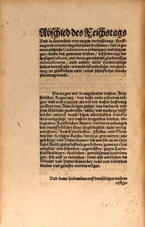 Abschiedt Der Römischen Keyserlichen Maiestatt vnnd gemeiner Stendt auff dem Reichstag zu Regenspurg Anno Domini M.D.LXVII. Auffgericht