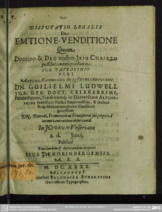 Disputatio legalis de emtione venditione