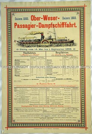 Fahrplan der Ober-Weser-Passagier-Dampfschifffahrt für die Saison 1893 (Nachdruck des Originalfahrplanes)
