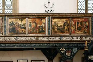 Bemalung der Nordempore mit Szenen des Alten Testaments — Samsons Löwenkampf, Samson mit den Stadttoren von Gaza, Kampf zwischen David und Goliath und das Salomonische Urteil