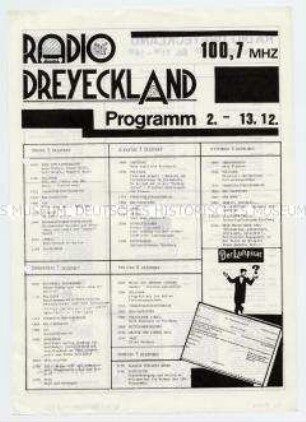 Flugblatt mit dem Sendeplan des freien Radiosenders Dreyeckland vom 2. bis 13. Dezember 1985