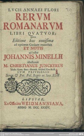 Lucii Annaei Flori Rerum Romanarum Libri Quatuor : quos Editione bac nouissima ad optimos Codices