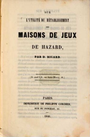 Sur l'utilité du rétablissement des maisons de jeux de hazard