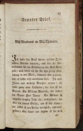 Neunter Brief. Miß Meadows an Miß Thornton. - Zehnter Brief. Miß Meadows, an Miß Thorton. Zur Fortsetzung.