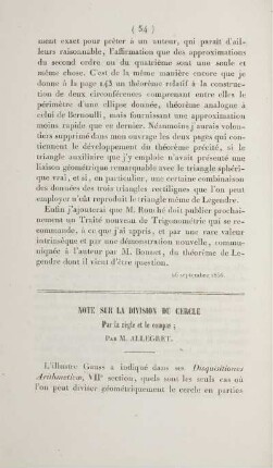 Note sur la division du cercle par la règle et le compas.