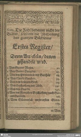 Erstes Register, Deren Artickeln, davon gehandelt wird