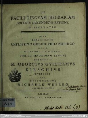 De Facili Linguam Hebraicam Docendi Discendique Ratione Dissertatio