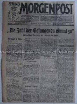 Tageszeitung "Berliner Morgenpost" mit Meldungen und Berichten von verschiedenen Kriegsschauplätzen