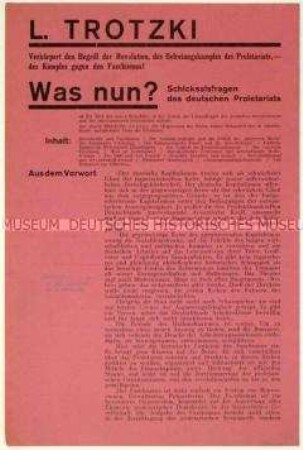 Werbung für Lew Trotzkis Werk "Was nun? Schicksalsfragen des deutschen Proletariats" von 1932