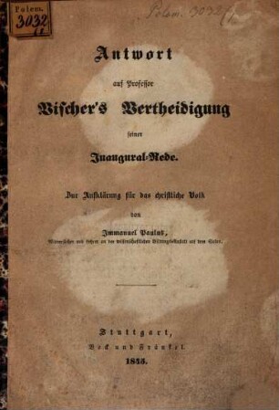 Antwort auf Professor Vischers Vertheidigung seiner Inaugural-Rede