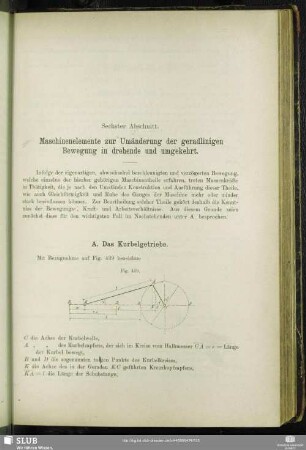 Sechster Abschnitt. Maschinenelemente zur Umänderung der geradlinigen Bewegung in drehende und umgekehrt.