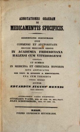 Adnotationes quaedam de medicamentis specificis : dissertatio inauguralis