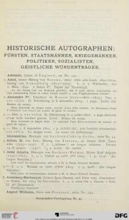 Historische Autographen: Fürsten, Staatsmänner, Kriegsmänner, Politiker, Sozialisten, geistliche Würdenträger (Nr. 1-245)