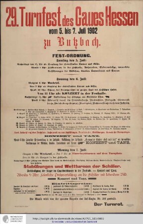 29. [Neunundzwanzigstes] Turnfest des Gaues Hessen vom 5. bis 7. Juli 1902 zu Butzbach. Fest-Ordnung...
