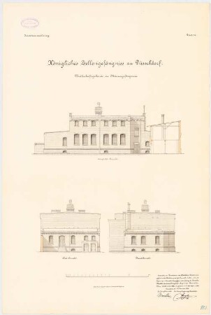Zellengefängnis, Düsseldorf Wirtschaftsgebäude des Männergefängnisses: Osansicht, Südansicht, Nordansicht 1:100