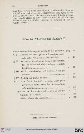 Indice del contenuto nel fascicolo II°