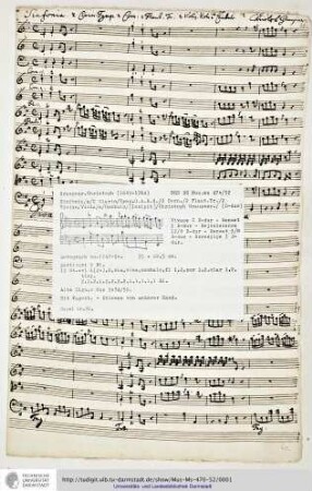 Sinfonia / a / 2 Clarin / Tymp. G. A. H. d. / 2 Corn. / 2 Flaut. Tr. / 2 Violin / Viola / e / Cembalo / [Incipit] / Christoph Graupner.