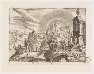 Ein Brunnen und eine Tempelruine in der Nähe einer Meeresbucht.