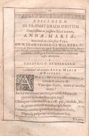 Epicedivm In Praematurum Obitum Honestissimae ac piissimae Matronae, Annae mariae, ... Theophilo Neubergero.