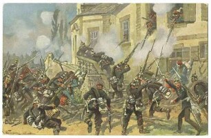 Das preuss. Kgl. Grenadier-Regiment Nr. 7 stürmt am 4. August 1870 das Geisbergschloss zu Weissenburg, Teilansicht des Schlosses mit Portal, aus den Fenstern schießen franz. Soldaten