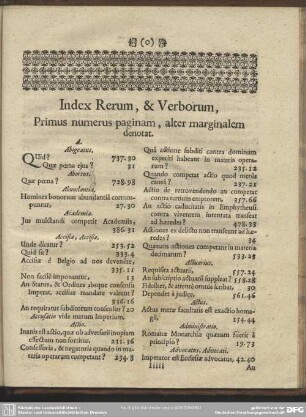 Index Rerum, & Verborum, Primus numerus paginam, alter marginalem denotat