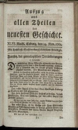 XLVI. Nachl. Coburg, den 14. Nov. 1761.