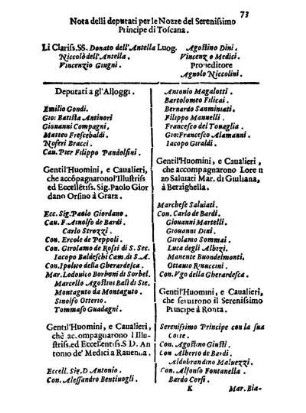 Nota delli deputati per le Nozze del Serenissimo Principe di Toscana.