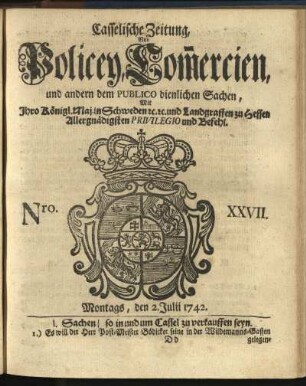 Nro. XXVII, Montags, den 2. Julii 1742
