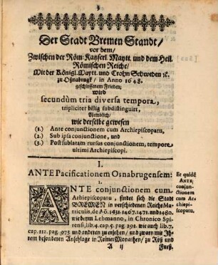 Brevis adumbratio status civitatis Bremensis, ante, sub et post pacificationem Osnabrugensem