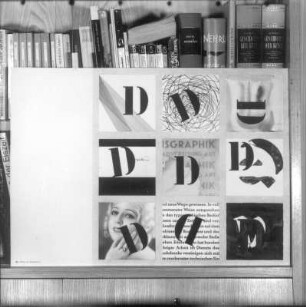 Das Schriftzeichen D. Collage mit Tusche, Deckfarben, Wasserfarben, Fotografien, Schriftdrucken; 42 x 59 cm (1931; H. Rose)