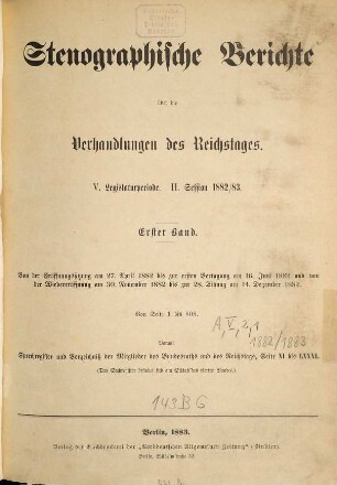 Verhandlungen des Reichstages. Stenographische Berichte. 68. 1882/83