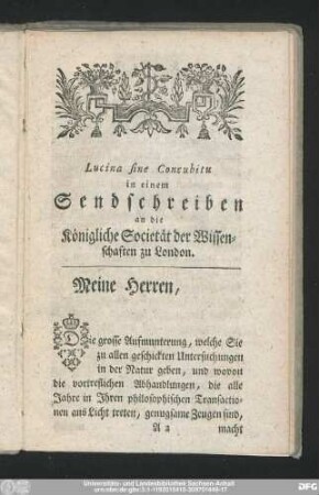 Lucina sine Concubitu in einem Sendschreiben an die Königliche Societät der Wissenschaften zu London.