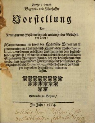 Kurtze, jedoch begründete und warhaffte Vorstellung der Irrungen und Beschwerden ... des Hochstiffts Brixen