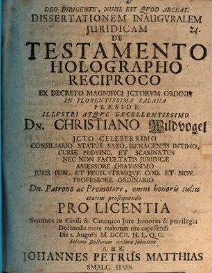 Diss. inaug. iur. de testamento holographo reciproco