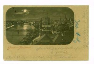"Gruß aus Heilbronn" - Gesamtansicht, Blick vom Rosenberg auf Neckar, Eiserner Steg, Götzenturm, südwestliche Innenstadt bei Nacht (Mondscheinkarte)