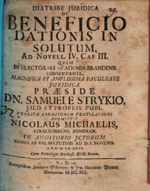 Diatribe Iuridica De Beneficio Dationis In Solutum : Ad Novell. IV. Cap. III.