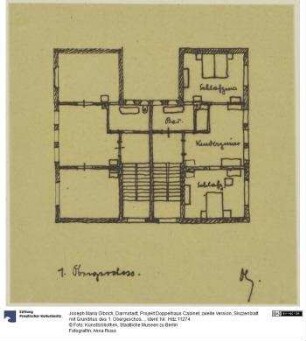Darmstadt, Projekt Doppelhaus Cabinet, zweite Version, Skizzenblatt mit Grundriss des 1. Obergeschosses