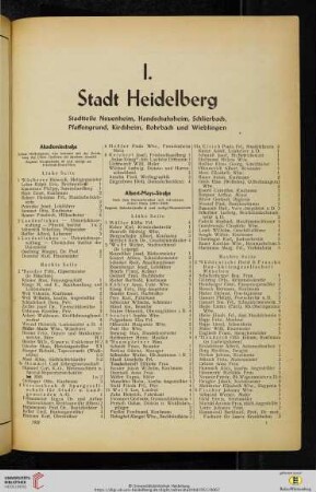 I. Stadt Heidelberg - Stadtteile Neuenheim, Handschuhsheim, Schlierbach, Pfaffengrund, Kirchheim, Rohrbach und Wieblingen