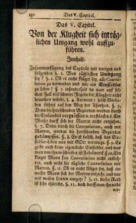 130-169, Das V. Capitel. Von der Klugheit sich im täglichen Umgang wohl auffzuführen.