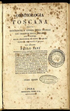 Tomo Terzo [Text]: Ornitologia Toscana. Tomo Terzo [Text]