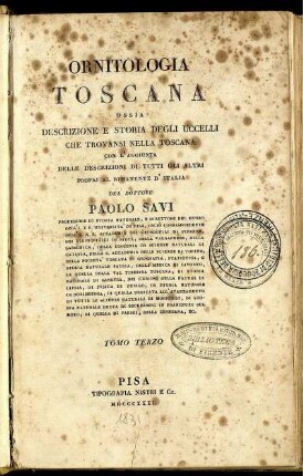 Tomo Terzo [Text]: Ornitologia Toscana. Tomo Terzo [Text]