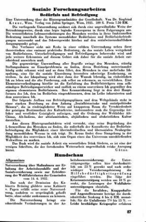 Siegfried Kraus: Bedürfnis und Befriedigung [Soziale Forschungsarbeiten]