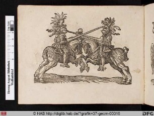 Zwei Ritter zu Pferde zielen mit den Lanzen auf den Kopf ihres Gegners.