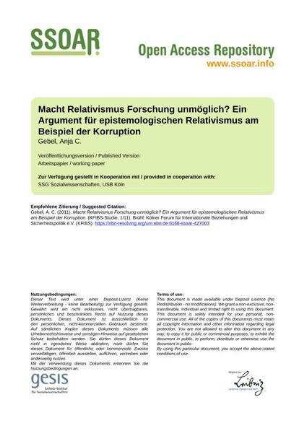 Macht Relativismus Forschung unmöglich? Ein Argument für epistemologischen Relativismus am Beispiel der Korruption