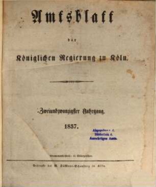 Amtsblatt für den Regierungsbezirk Köln. 1837