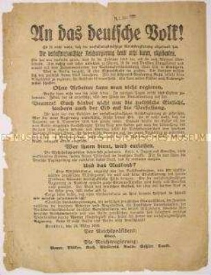 Flugblatt mit Richtigstellung des Reichspräsidenten Ebert und der Reichsregierung über Gerüchte im Zuge des Kapp-Putsches, die verfassungsmäßige Reichsregierung hätte abgedankt